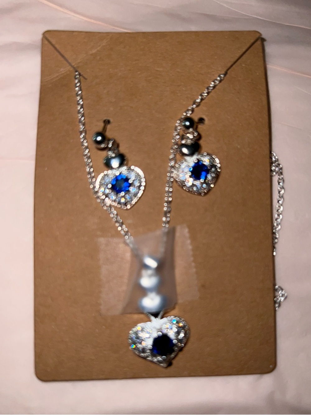 Silver Heart Necklace & Earring Set with Deep Blue Crystal